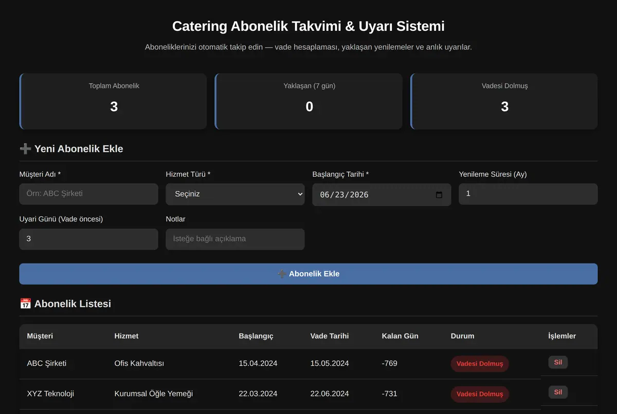 Catering Abonelik Takvimi & Uyarı Sistemi ekran görüntüsü 2