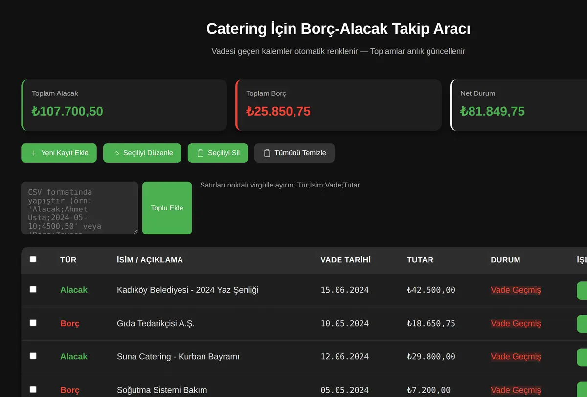 Catering İçin Borç-Alacak Takip Aracı ekran görüntüsü