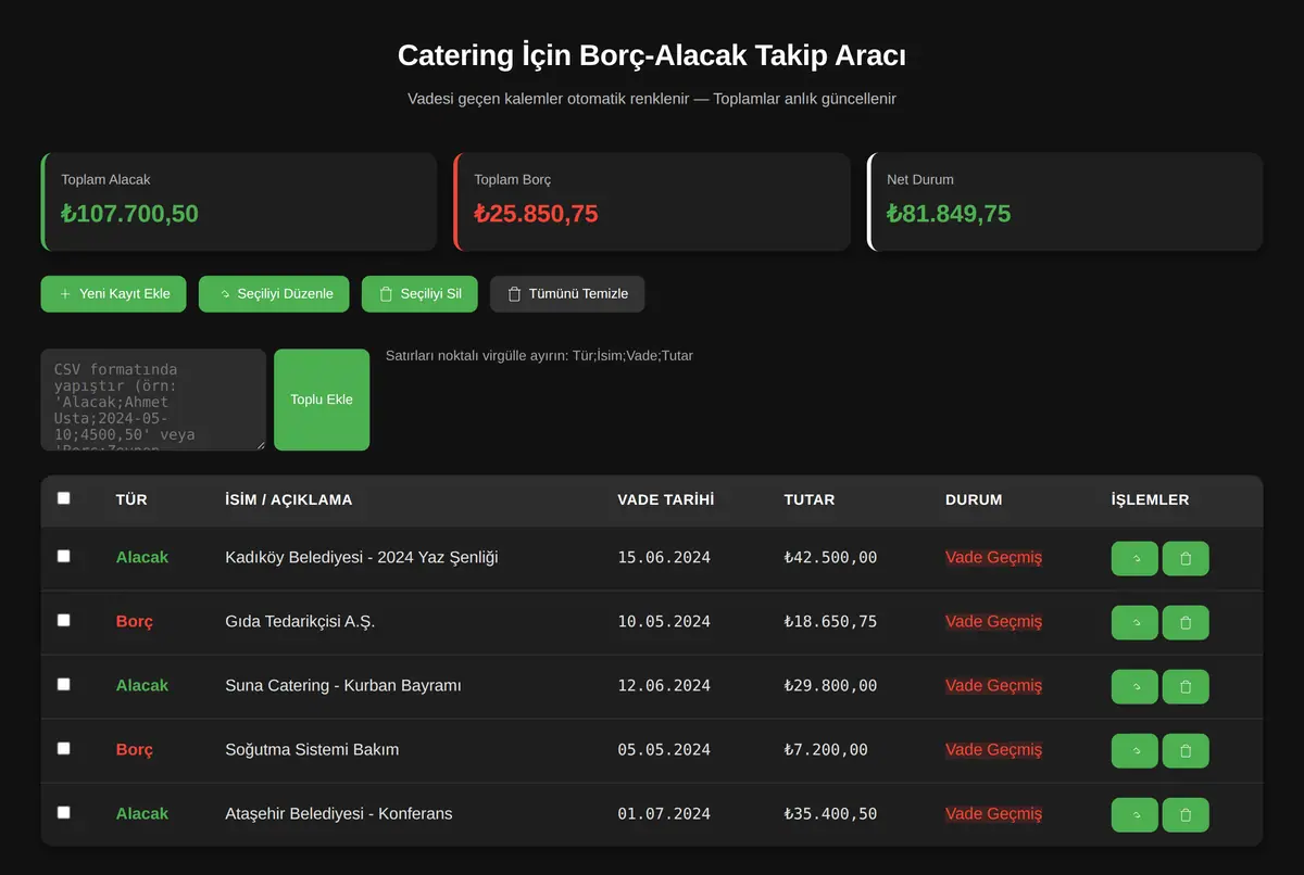 Catering İçin Borç-Alacak Takip Aracı ekran görüntüsü 2