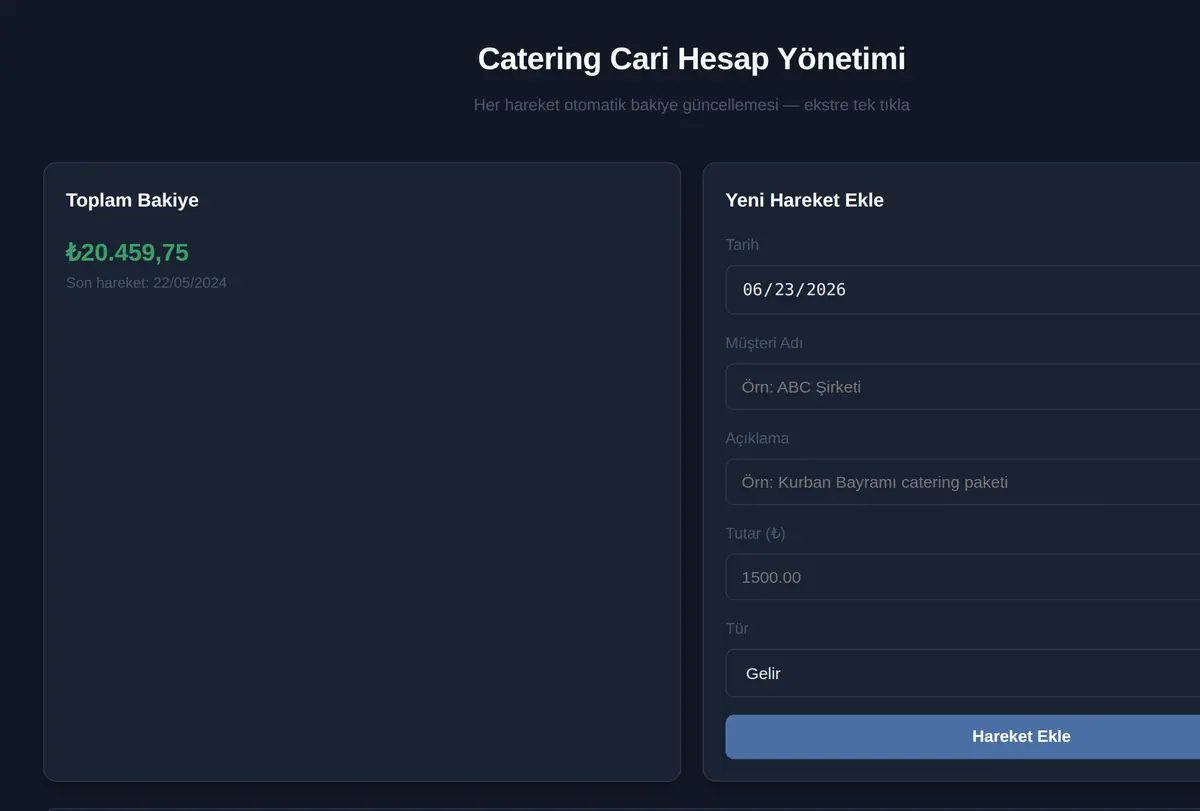 Catering Cari Hesap Yönetimi ekran görüntüsü
