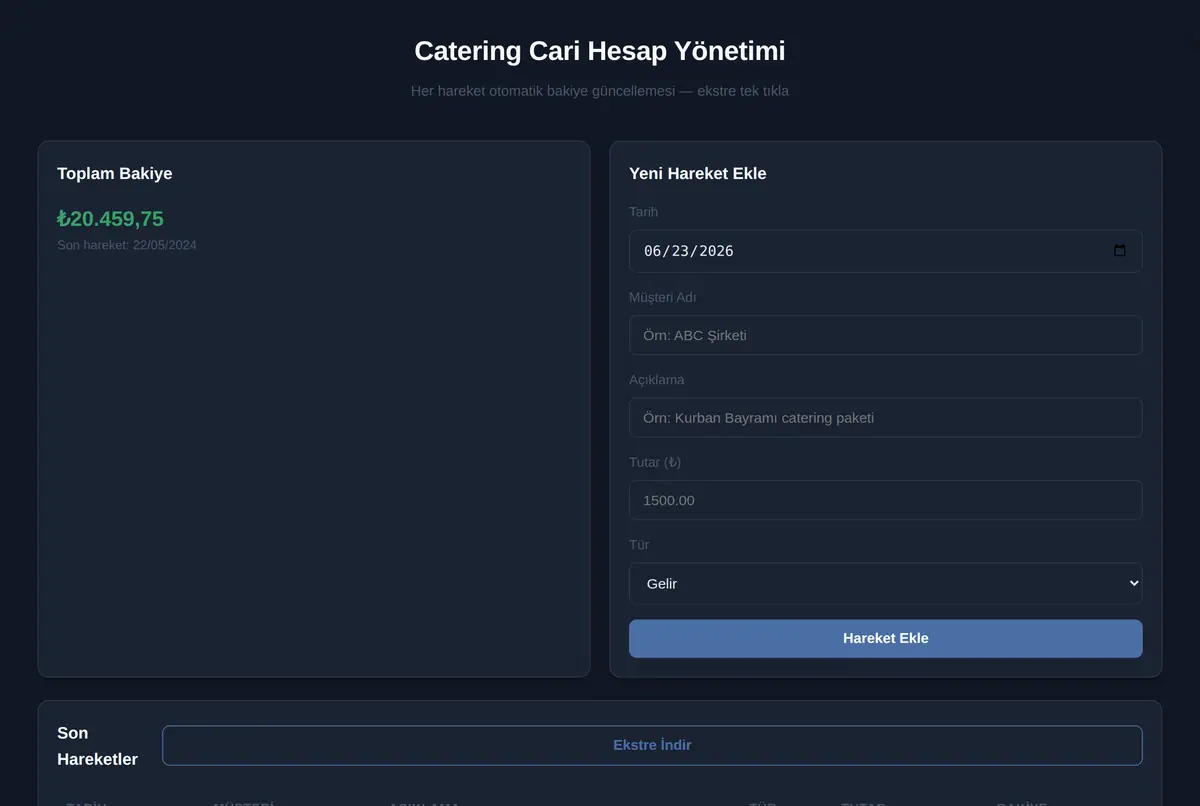 Catering Cari Hesap Yönetimi ekran görüntüsü 2
