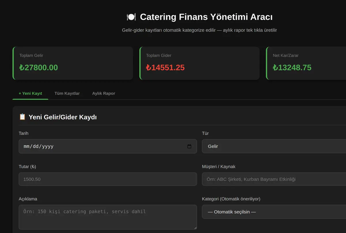 Catering Finans Yönetimi Aracı ekran görüntüsü