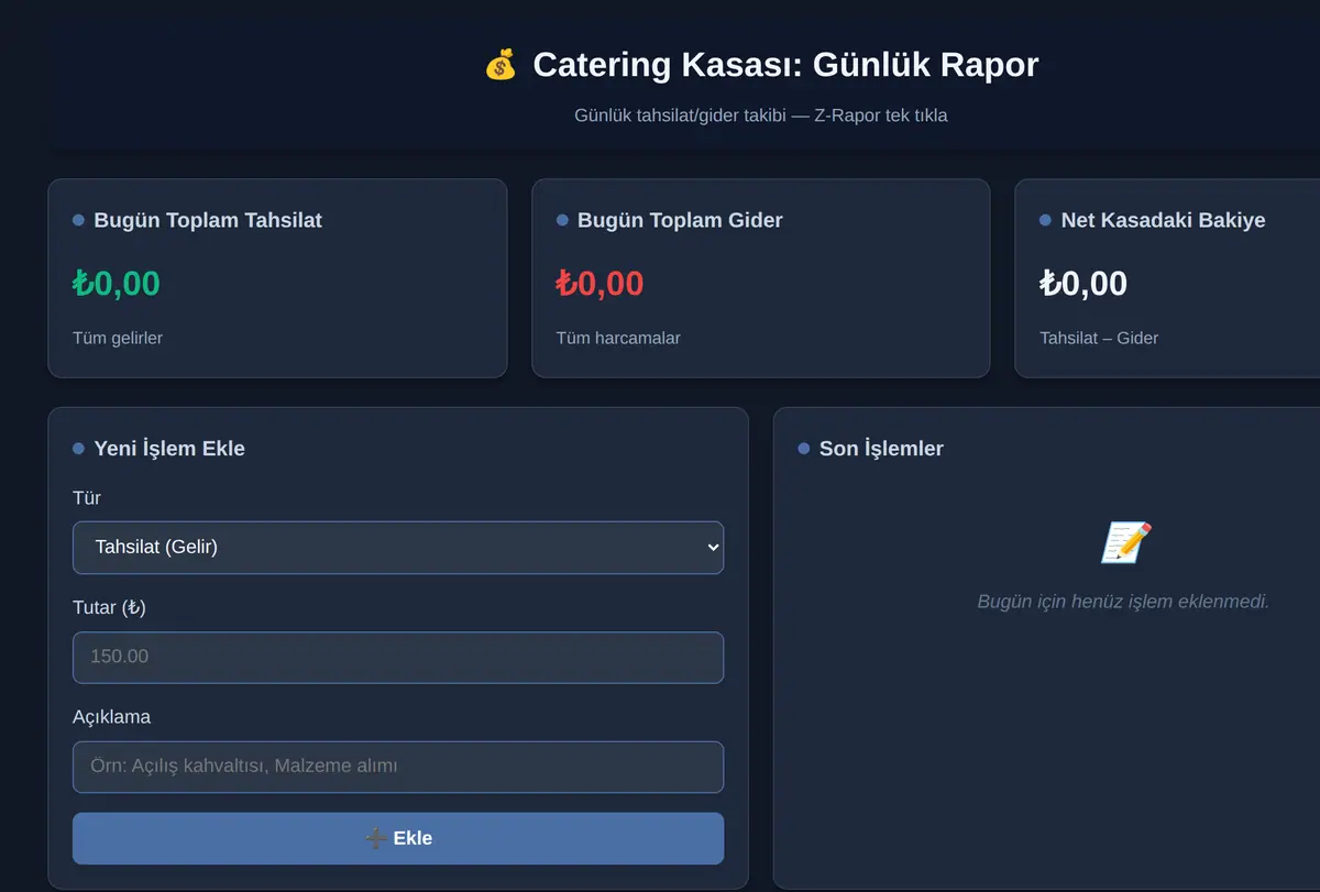 Catering Kasası: Günlük Rapor ekran görüntüsü