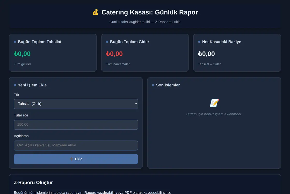 Catering Kasası: Günlük Rapor ekran görüntüsü 2