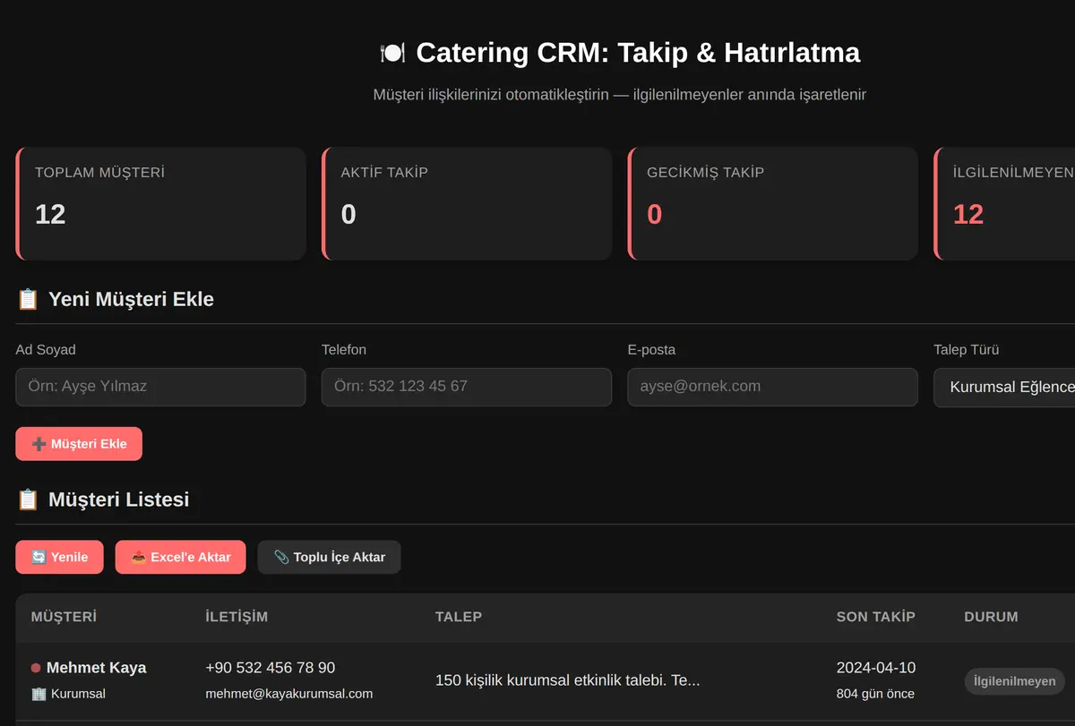 Catering CRM: Takip & Hatırlatma ekran görüntüsü
