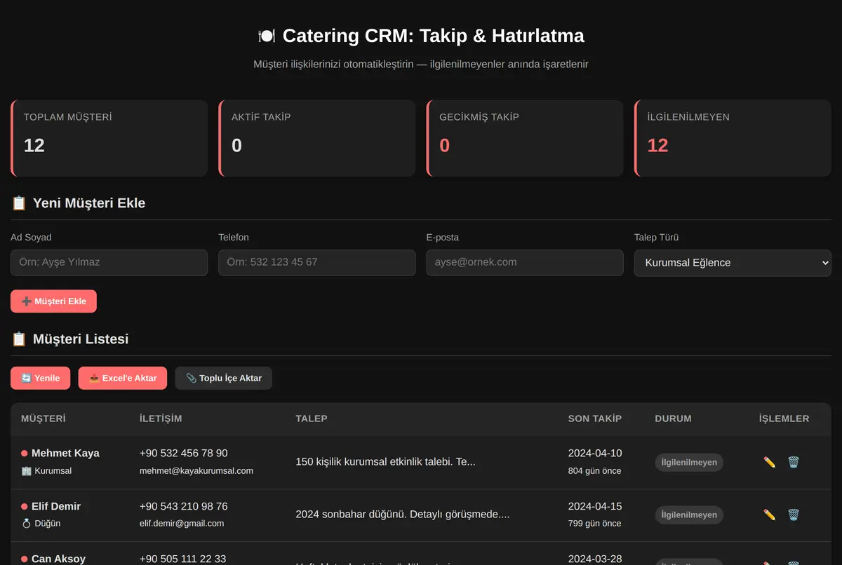 Catering CRM: Takip & Hatırlatma ekran görüntüsü 2