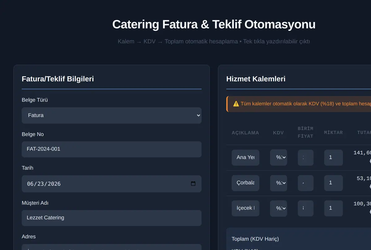 Catering Fatura & Teklif Otomasyonu ekran görüntüsü