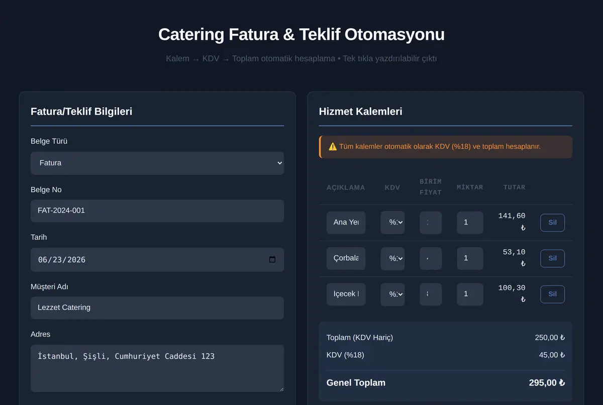 Catering Fatura & Teklif Otomasyonu ekran görüntüsü 2