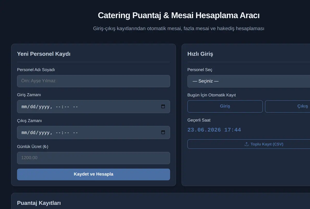 Catering Puantaj & Mesai Hesaplama Aracı ekran görüntüsü
