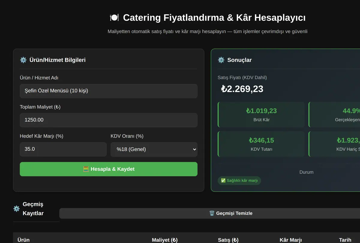 Catering Fiyatlandırma & Kâr Hesaplayıcı ekran görüntüsü
