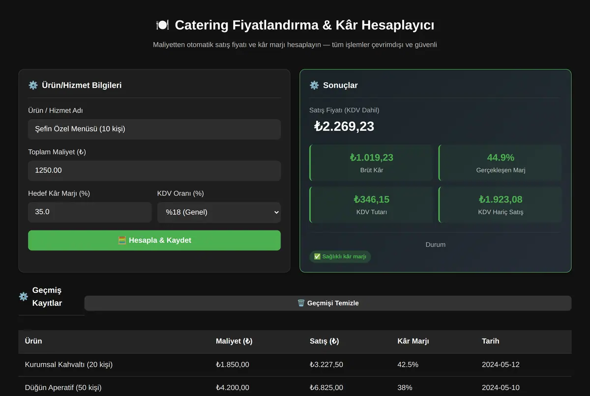 Catering Fiyatlandırma & Kâr Hesaplayıcı ekran görüntüsü 2