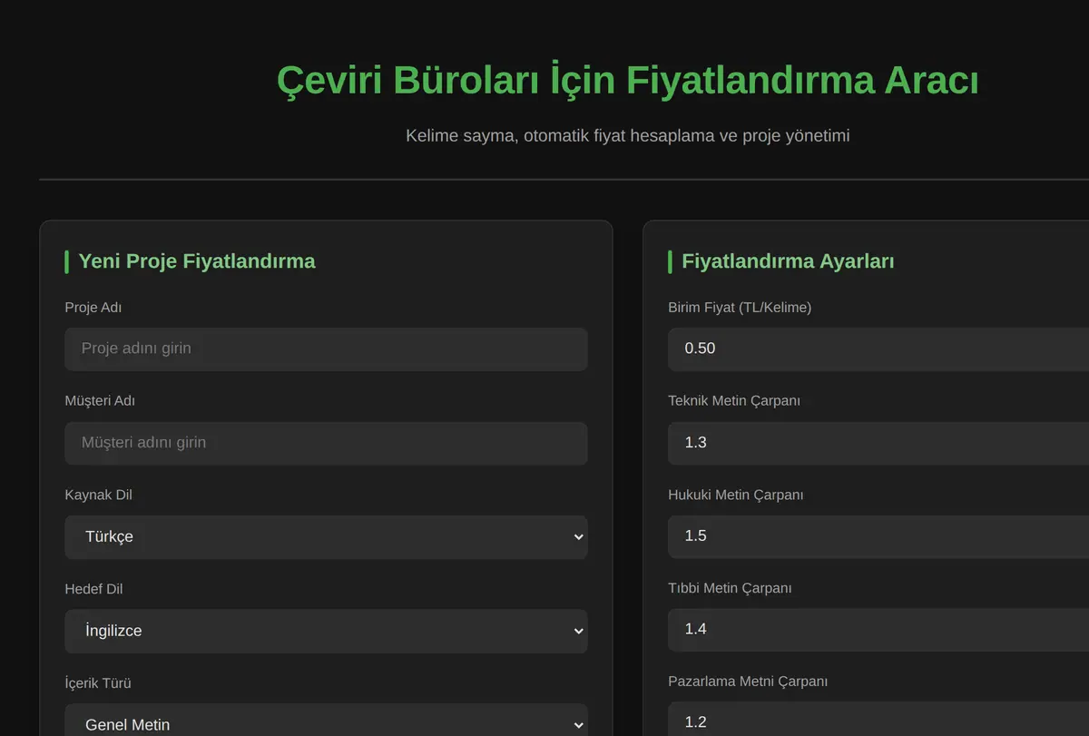 Çeviri Büroları İçin Fiyatlandırma Aracı ekran görüntüsü