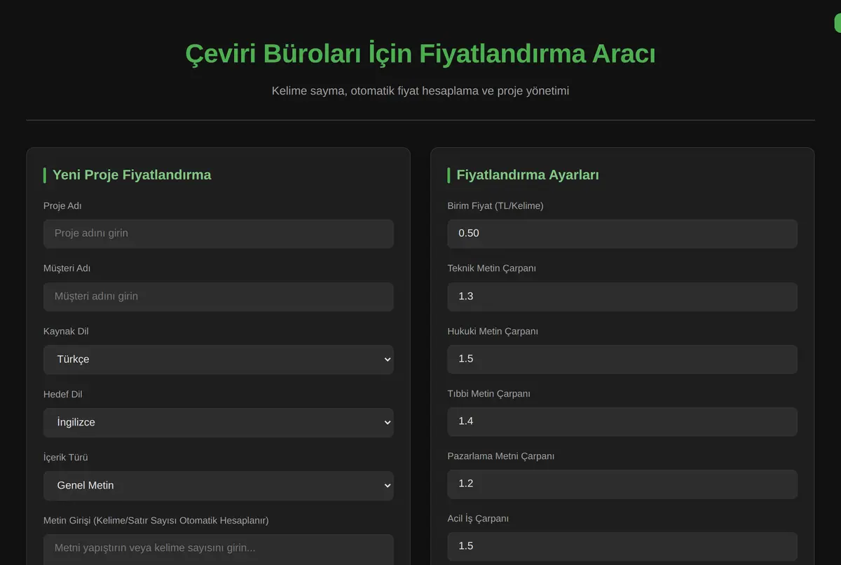 Çeviri Büroları İçin Fiyatlandırma Aracı ekran görüntüsü 2