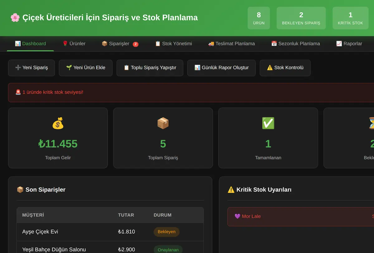 Çiçek Üreticileri İçin Sipariş ve Stok Planlama ekran görüntüsü