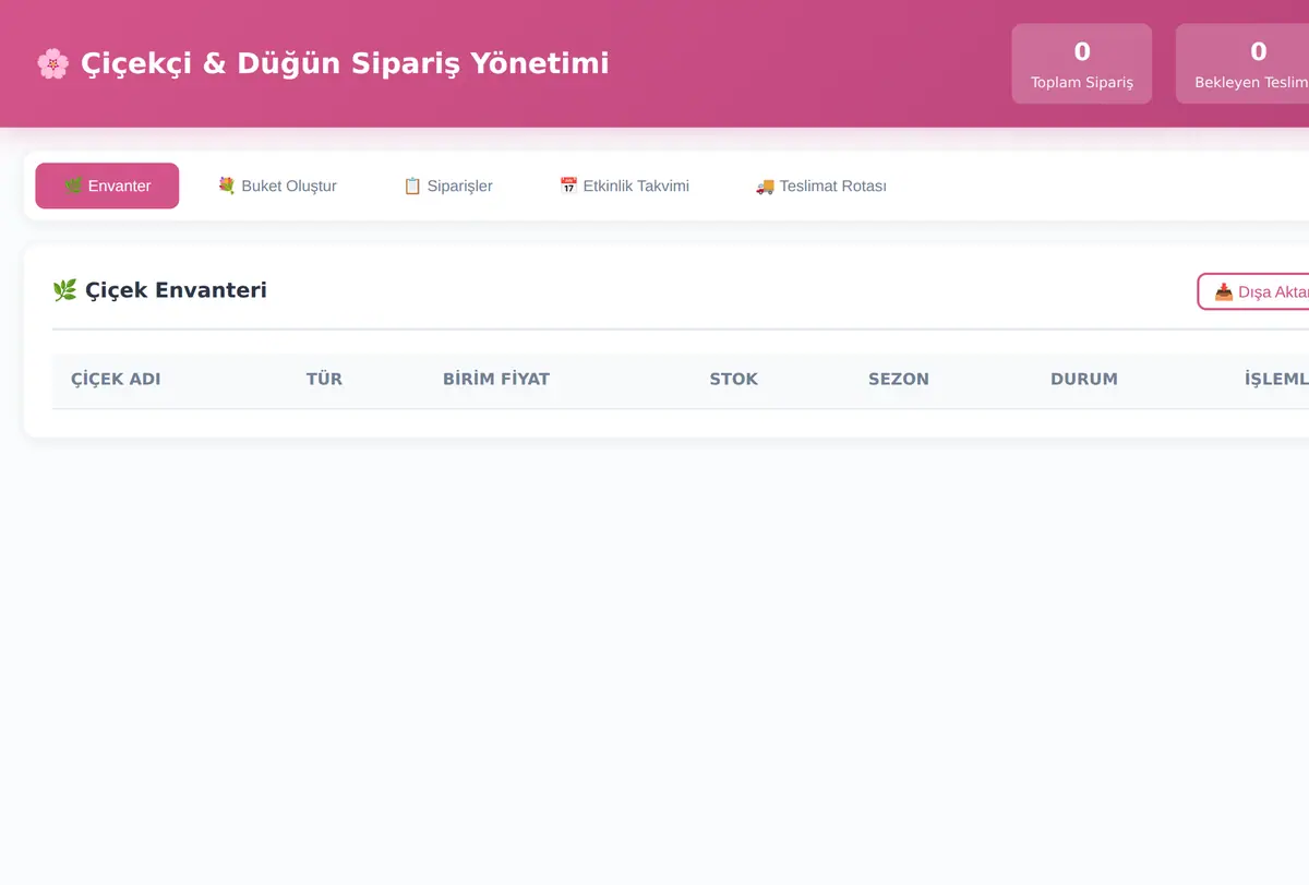 Çiçekçi & Düğün Sipariş Yönetimi Aracı ekran görüntüsü