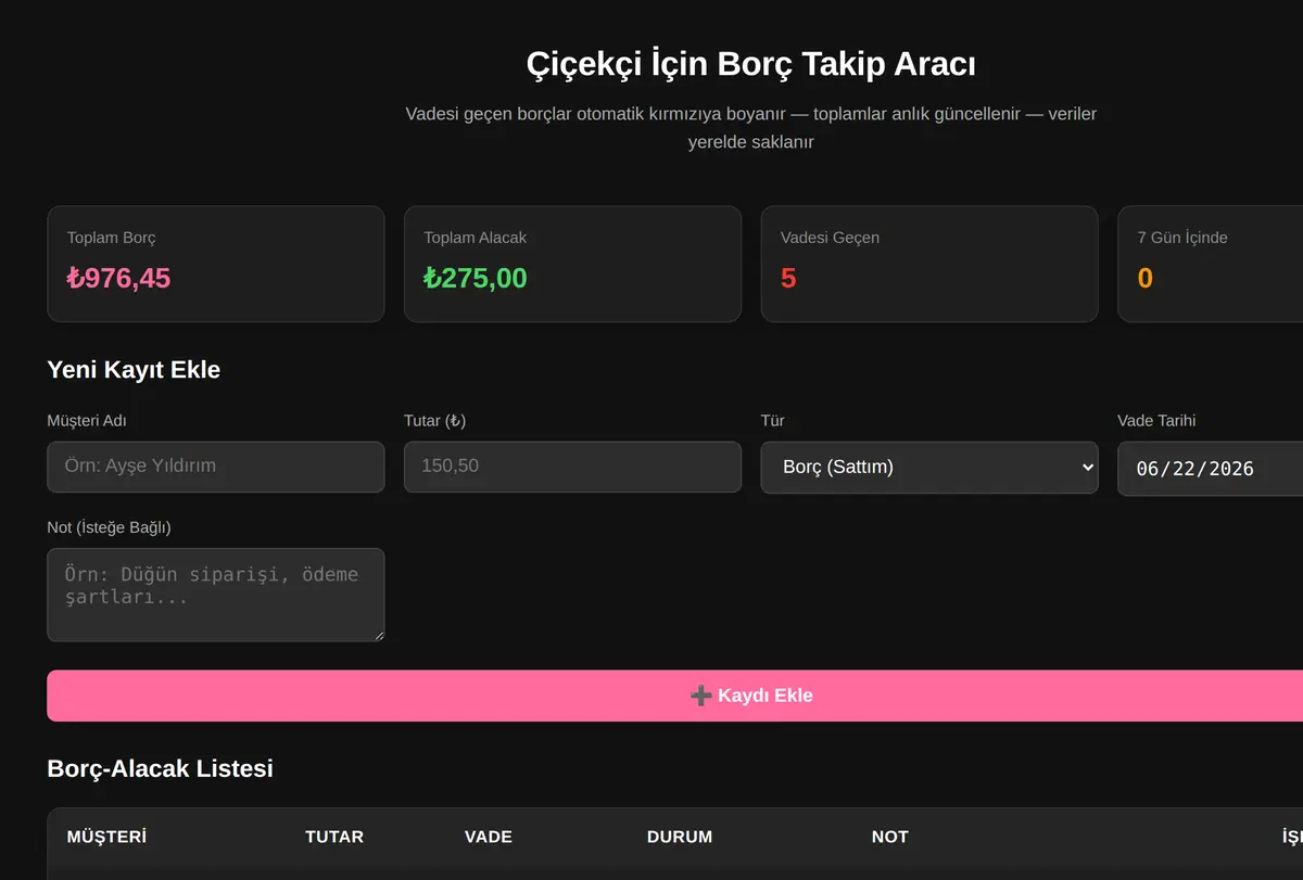 Çiçekçi İçin Borç Takip Aracı ekran görüntüsü