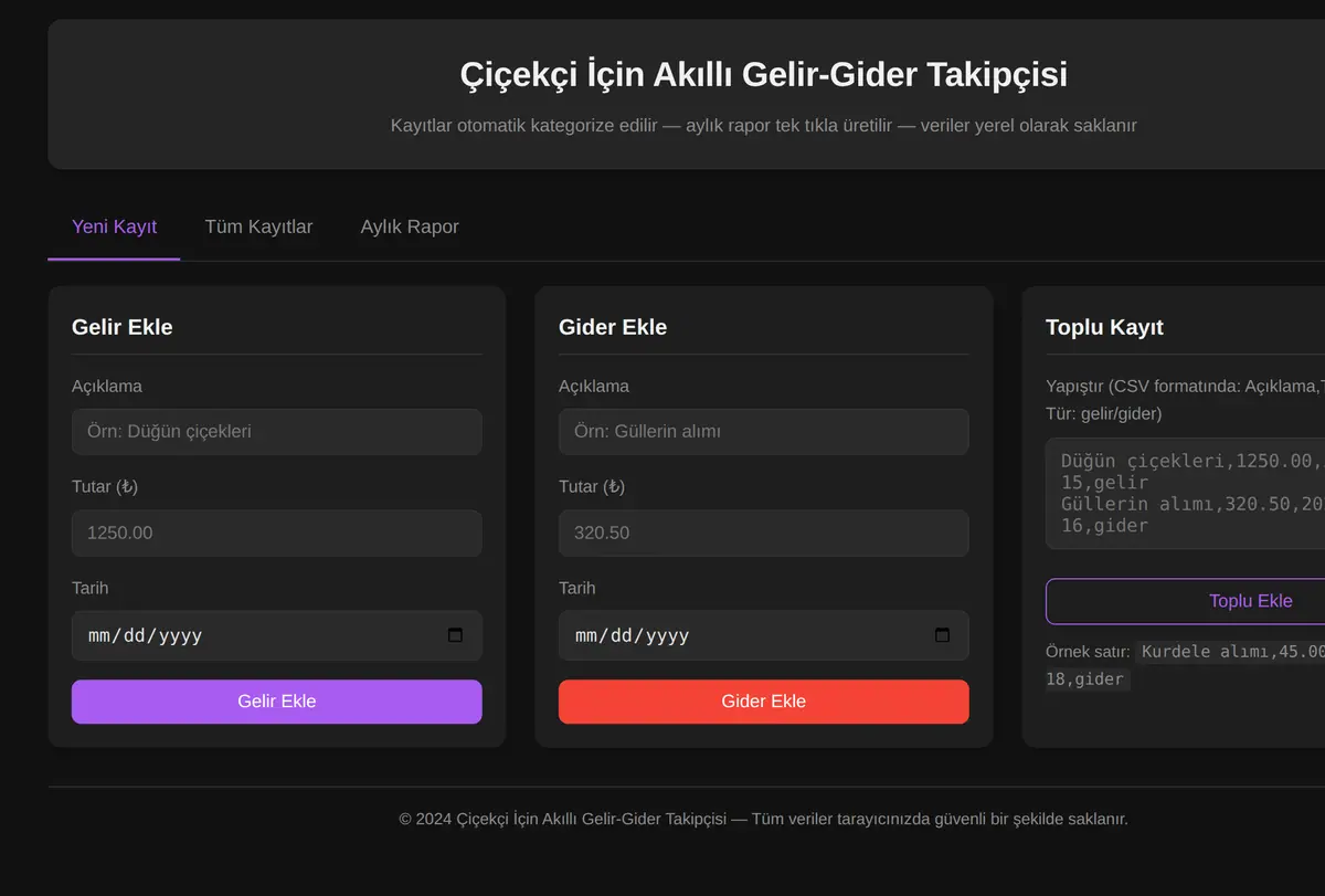 Çiçekçi İçin Akıllı Gelir-Gider Takipçisi ekran görüntüsü