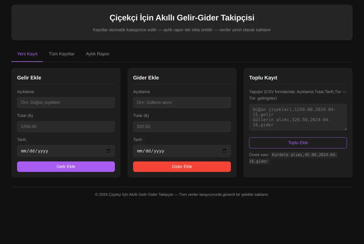 Çiçekçi İçin Akıllı Gelir-Gider Takipçisi ekran görüntüsü 2