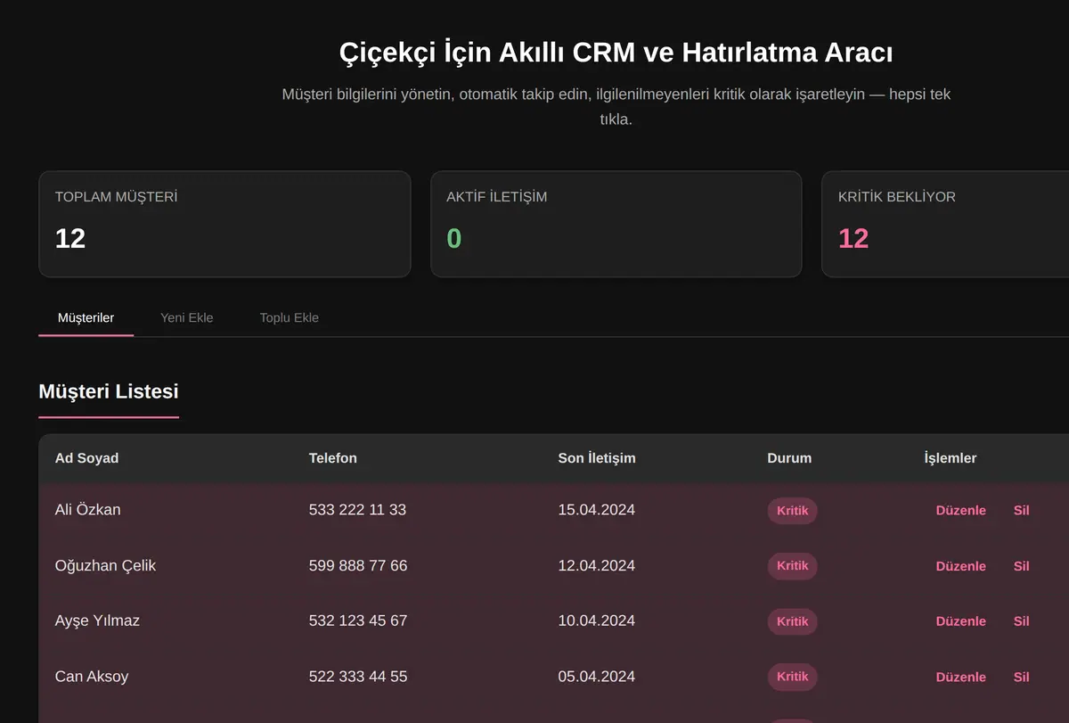 Çiçekçi İçin Akıllı CRM ve Hatırlatma Aracı ekran görüntüsü