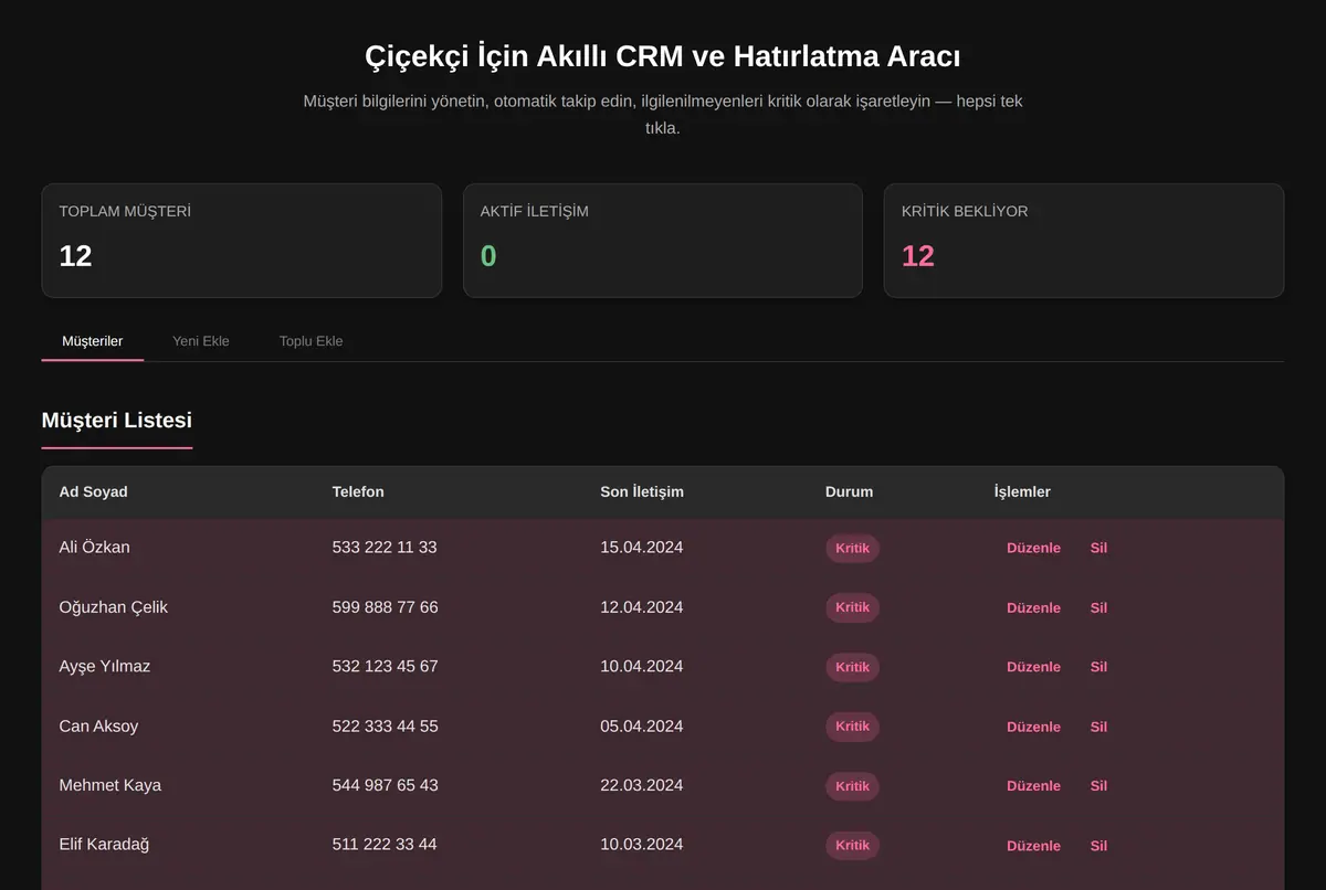 Çiçekçi İçin Akıllı CRM ve Hatırlatma Aracı ekran görüntüsü 2