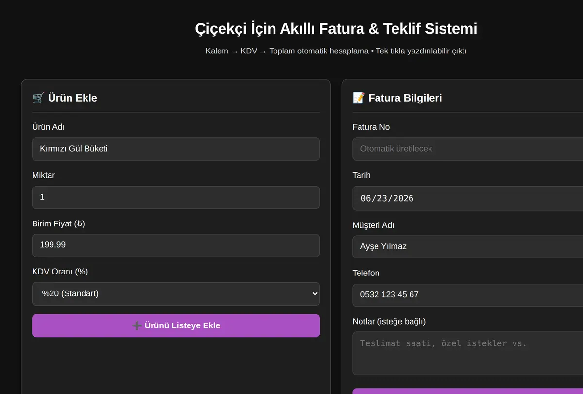 Çiçekçi İçin Akıllı Fatura & Teklif Sistemi ekran görüntüsü