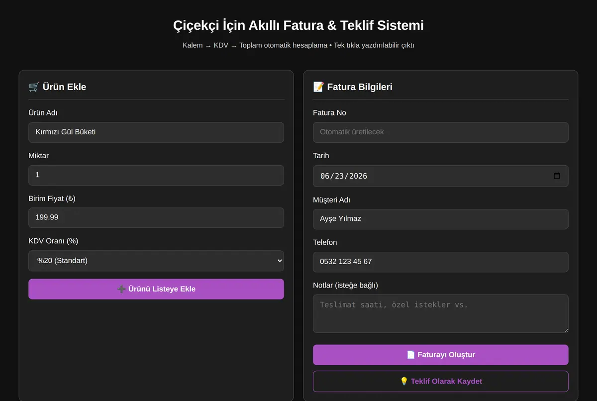 Çiçekçi İçin Akıllı Fatura & Teklif Sistemi ekran görüntüsü 2