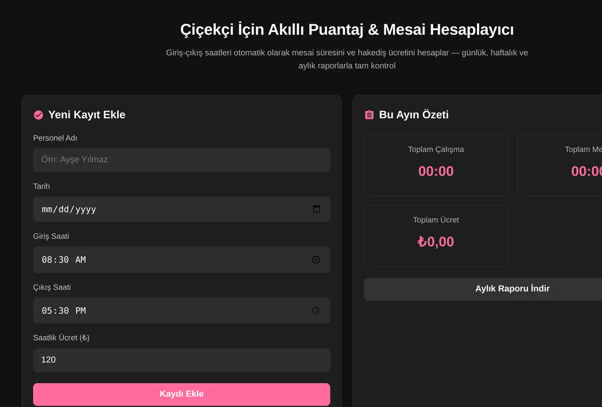 Çiçekçi İçin Akıllı Puantaj & Mesai Hesaplayıcı ekran görüntüsü