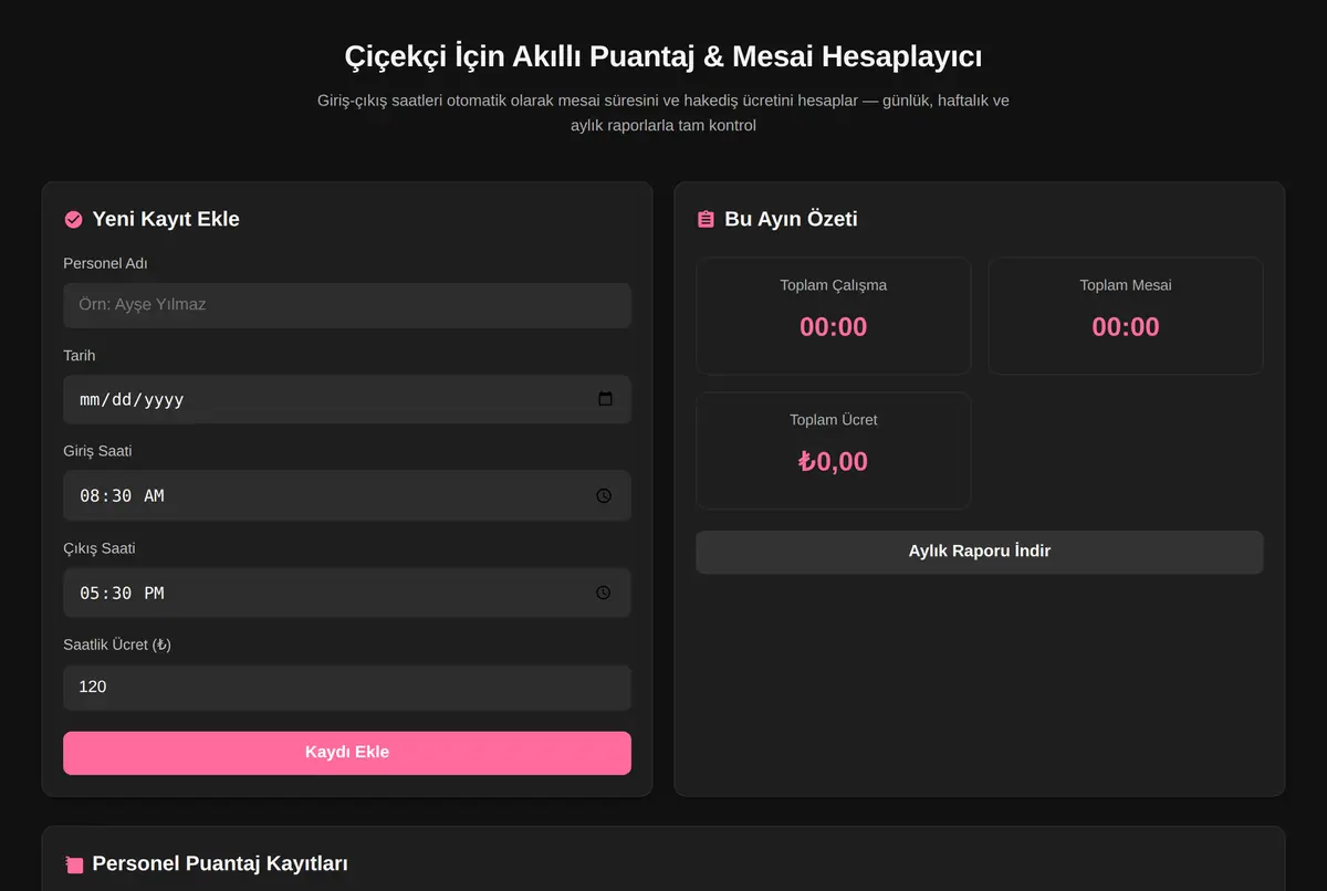 Çiçekçi İçin Akıllı Puantaj & Mesai Hesaplayıcı ekran görüntüsü 2