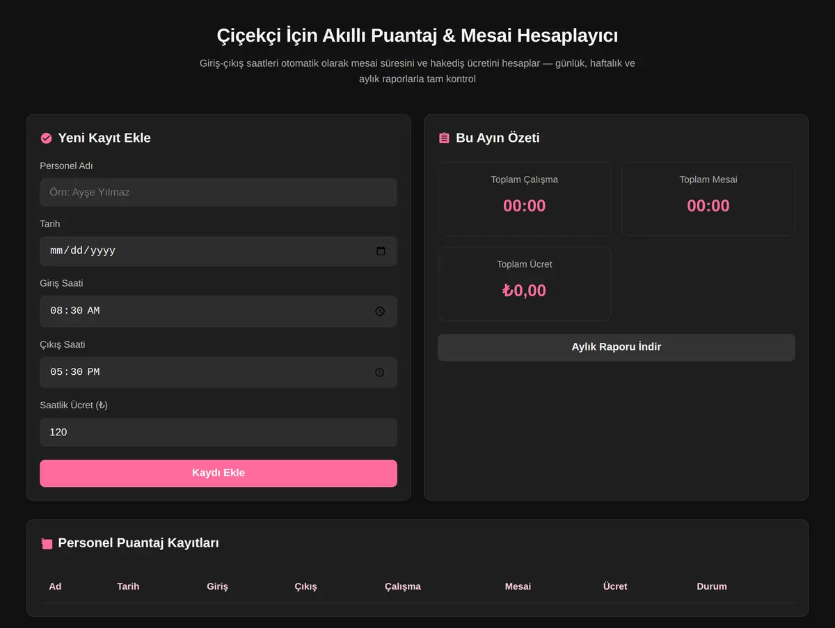 Çiçekçi İçin Akıllı Puantaj & Mesai Hesaplayıcı ekran görüntüsü 3