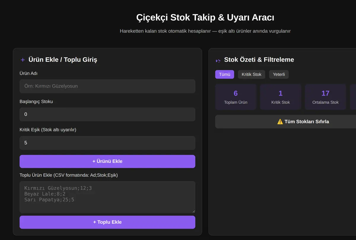 Çiçekçi Stok Takip & Uyarı Aracı ekran görüntüsü