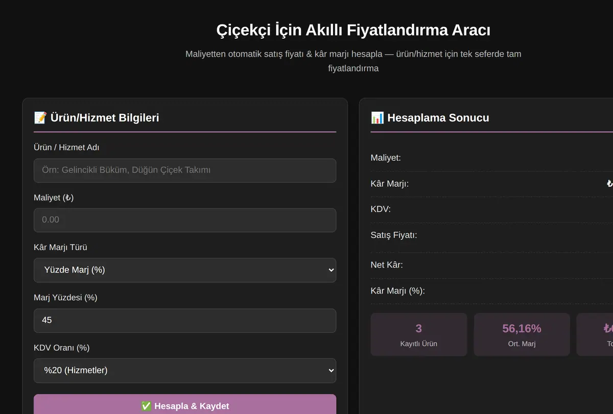 Çiçekçi İçin Akıllı Fiyatlandırma Aracı ekran görüntüsü