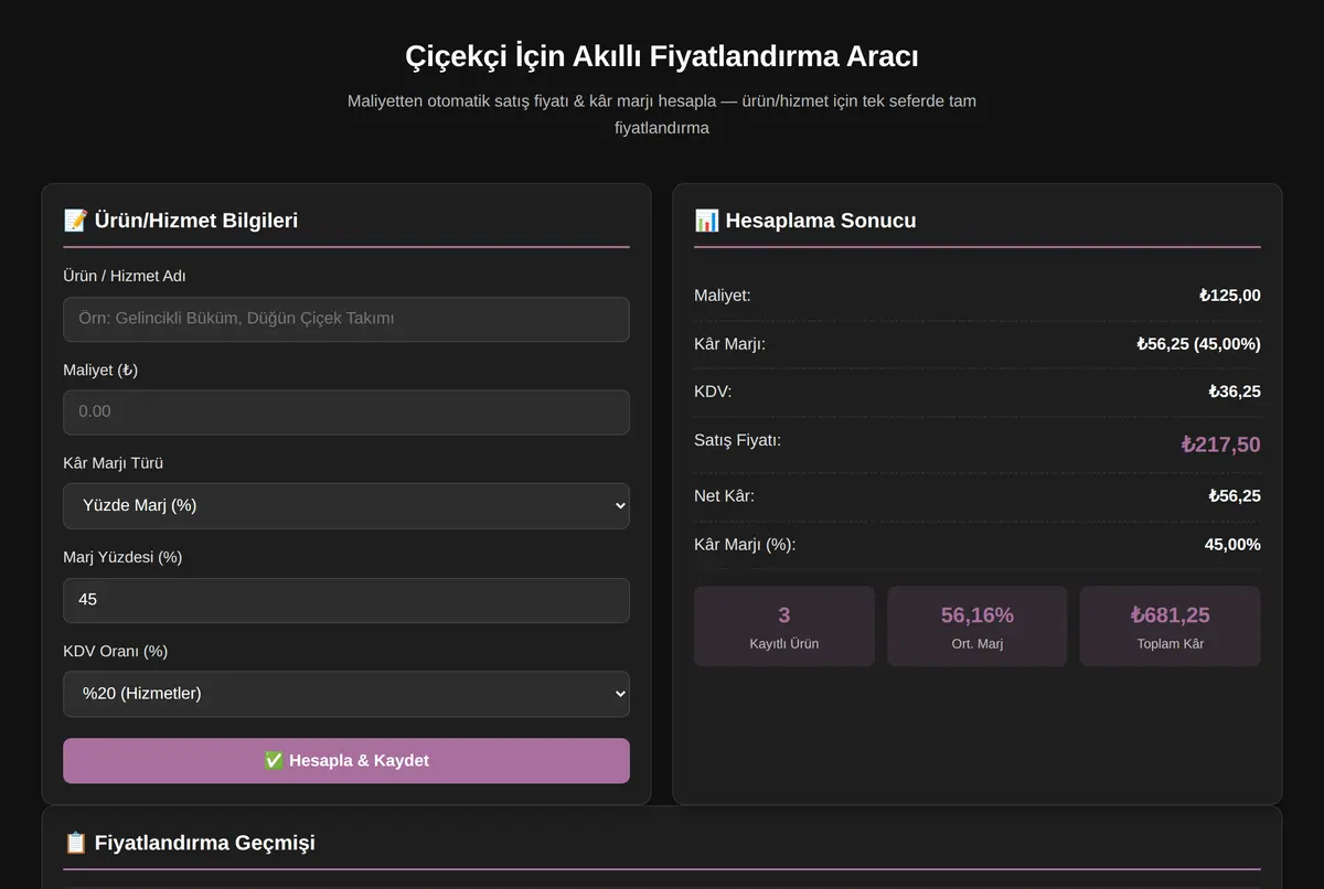 Çiçekçi İçin Akıllı Fiyatlandırma Aracı ekran görüntüsü 2