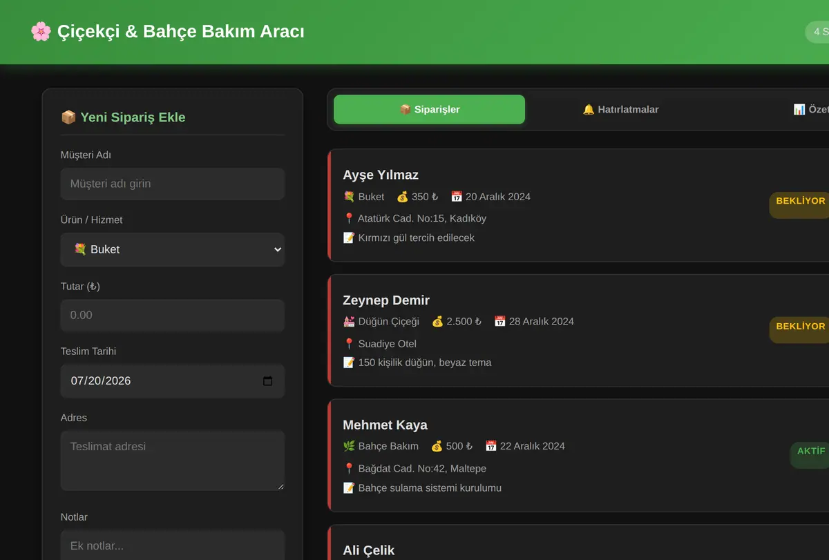 Çiçekçi & Bahçe Bakım Sipariş ve Hatırlatma Aracı ekran görüntüsü