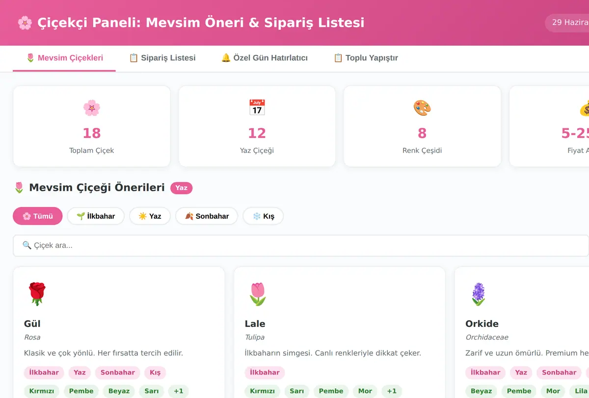 Çiçekçi Paneli: Mevsim Öneri & Sipariş Listesi ekran görüntüsü
