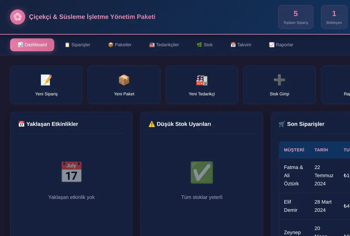 Çiçekçi & Süsleme İşletme Yönetim Paketi ekran görüntüsü