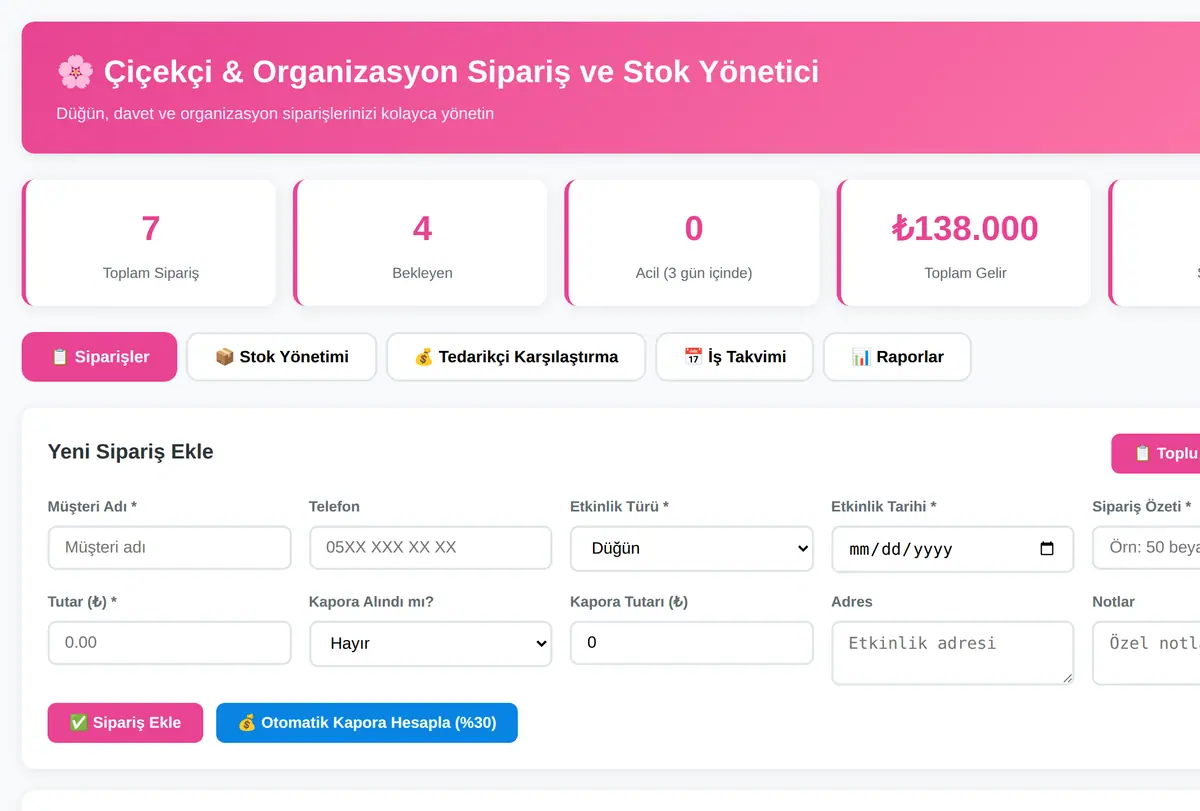 Çiçekçi & Organizasyon Sipariş ve Stok Yönetici ekran görüntüsü