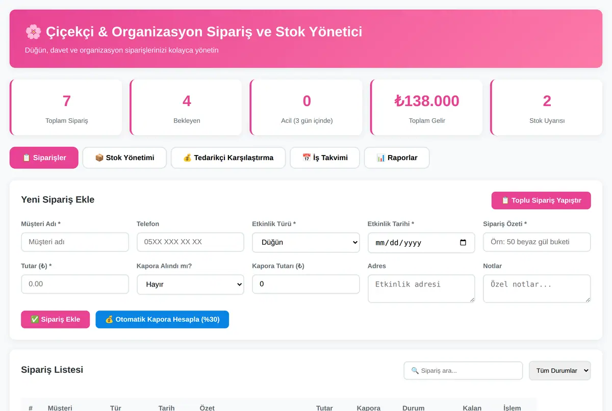 Çiçekçi & Organizasyon Sipariş ve Stok Yönetici ekran görüntüsü 2