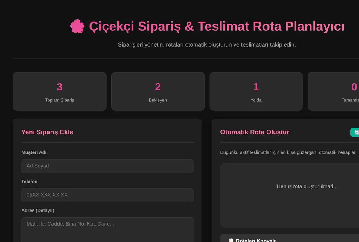 Çiçekçi Sipariş & Teslimat Rota Planlayıcı ekran görüntüsü