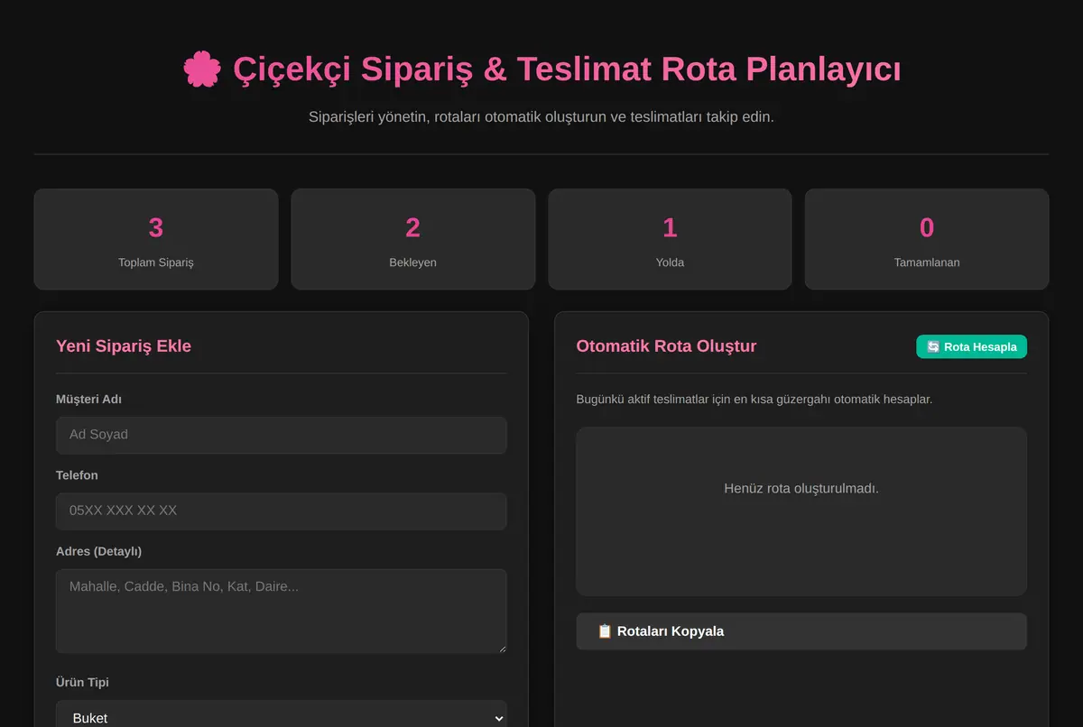 Çiçekçi Sipariş & Teslimat Rota Planlayıcı ekran görüntüsü 2