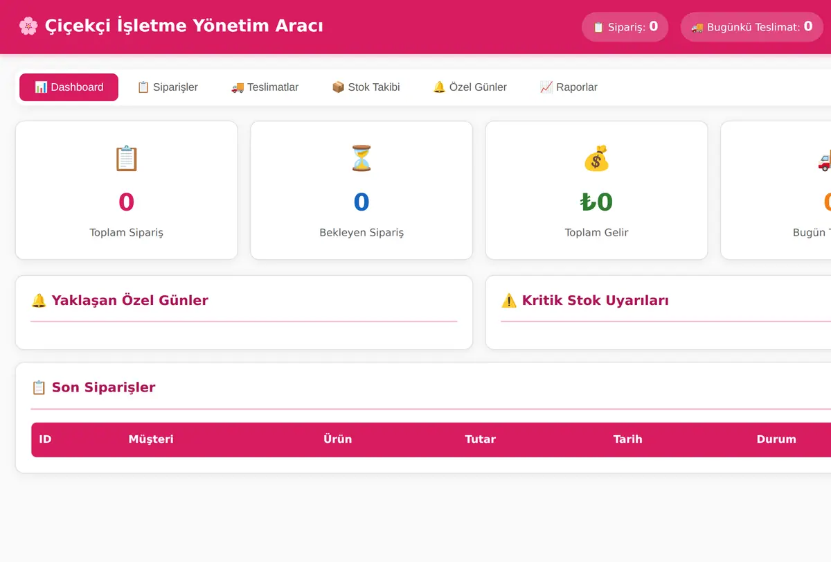 Çiçekçi İşletme Yönetim Aracı ekran görüntüsü