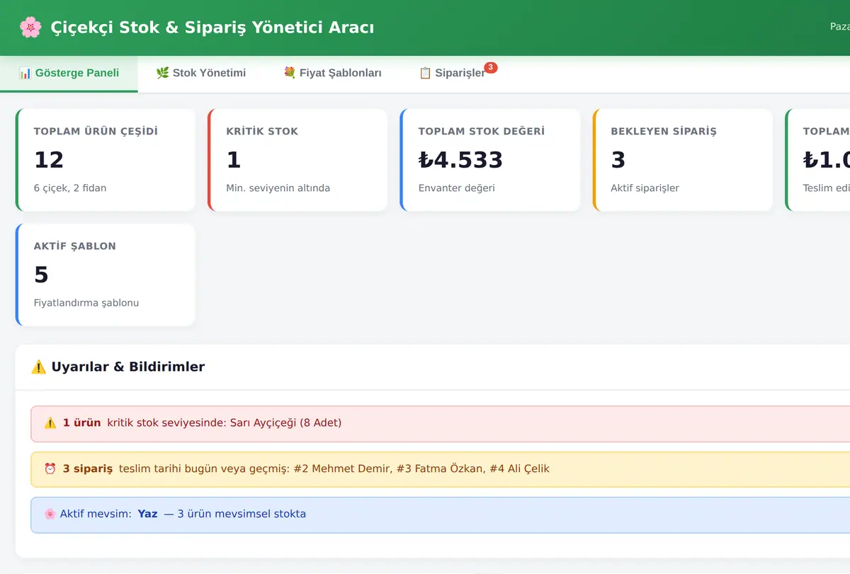 Çiçekçi Stok & Sipariş Yönetici Aracı ekran görüntüsü