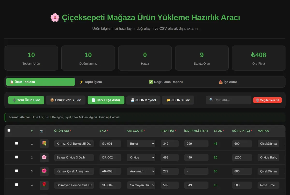 Çiçeksepeti Mağaza Ürün Yükleme Hazırlık Aracı ekran görüntüsü 2