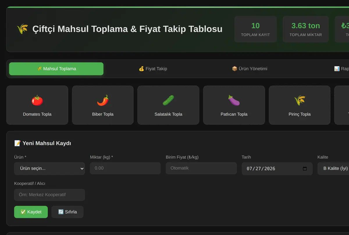 Çiftçi Mahsul Toplama & Fiyat Takip Tablosu ekran görüntüsü