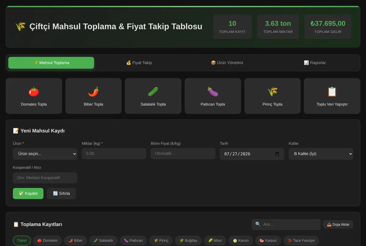 Çiftçi Mahsul Toplama & Fiyat Takip Tablosu ekran görüntüsü 2