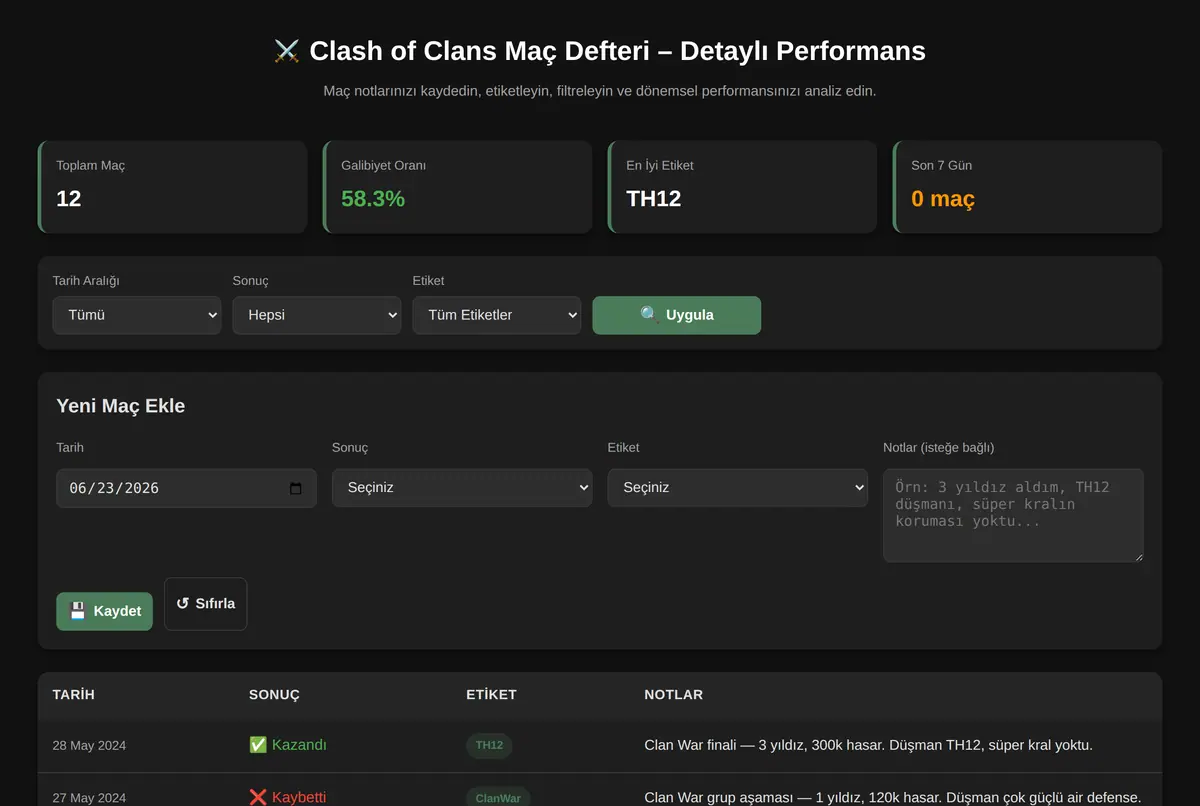 Clash of Clans Maç Defteri - Detaylı Performans ekran görüntüsü 2