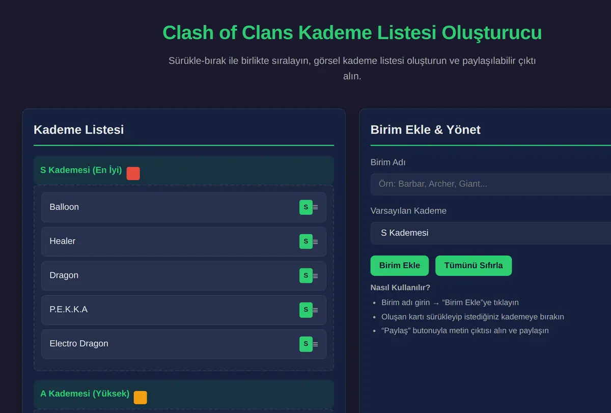 Clash of Clans Kademe Listesi Oluşturucu ekran görüntüsü