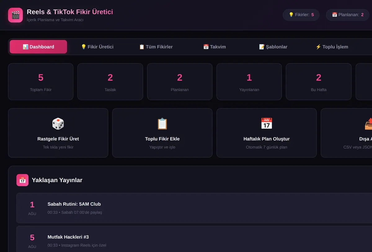 Reels & TikTok Fikir Üretici ve Takvimleyici ekran görüntüsü