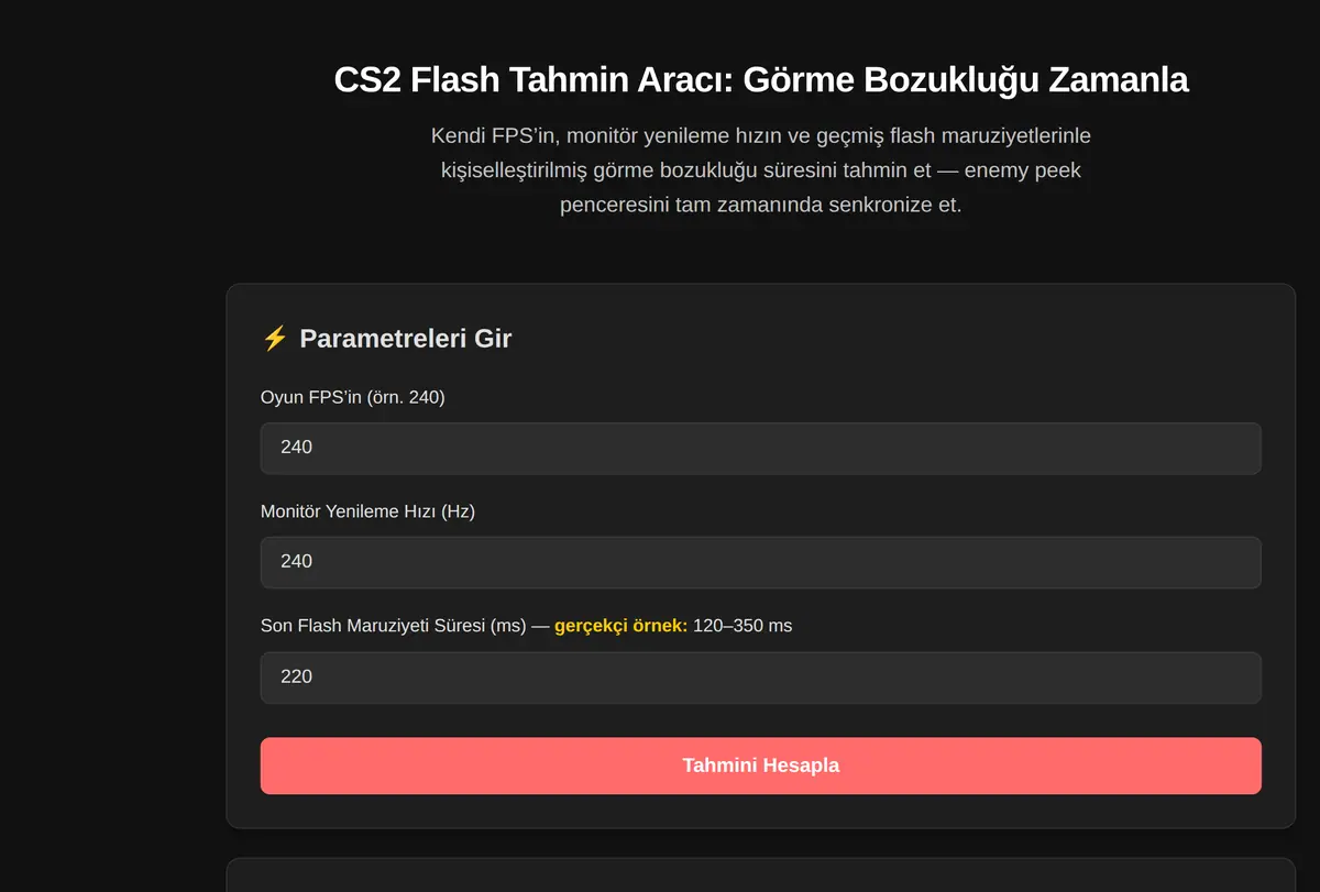 CS2 Flash Tahmin Aracı: Görme Bozukluğu Zamanla ekran görüntüsü