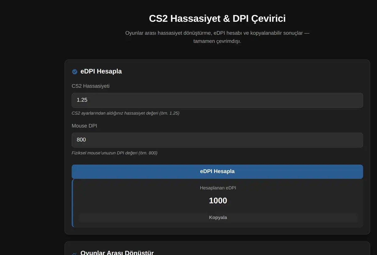 CS2 Hassasiyet & DPI Çevirici ekran görüntüsü