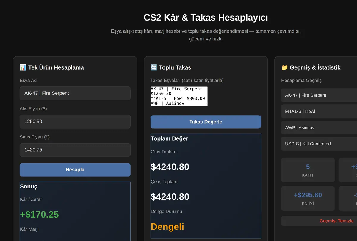 CS2 Kâr & Takas Hesaplayıcı ekran görüntüsü